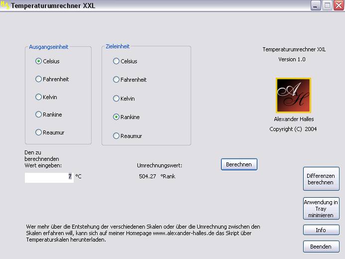 Screenshot vom Programm: Temperaturumrechner